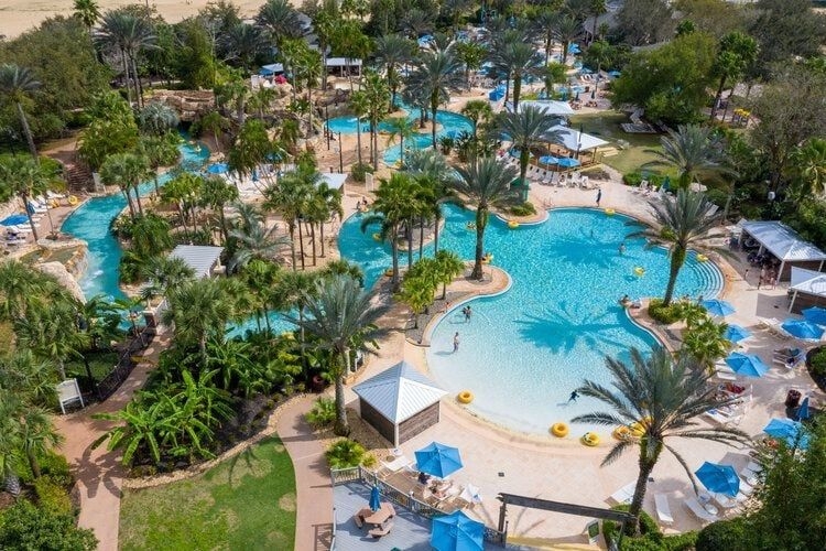 Aerial view of Reunion Resort water park, Top Villas
