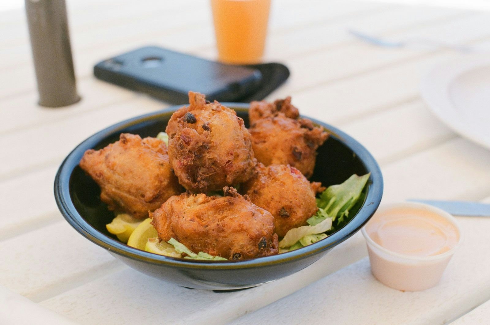 A bowl of fried conch balls