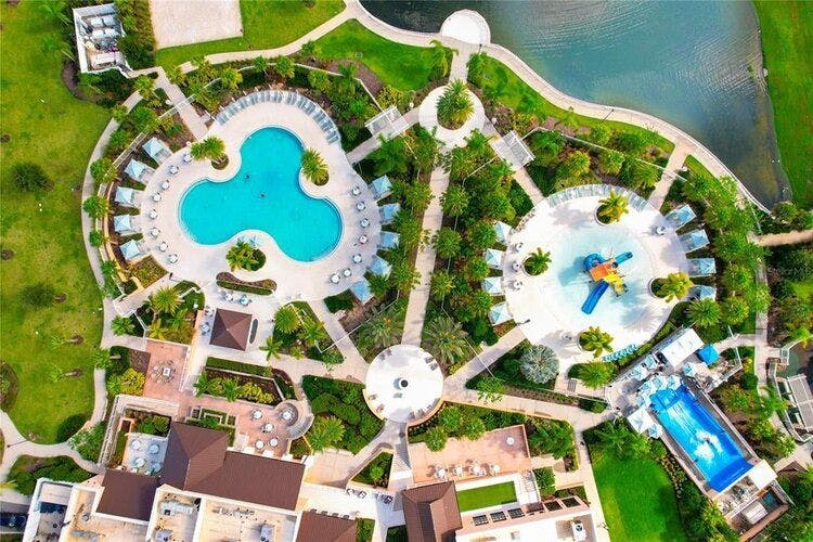 Aerial view of one of the best Orlando resorts with water park, Solara Resort
