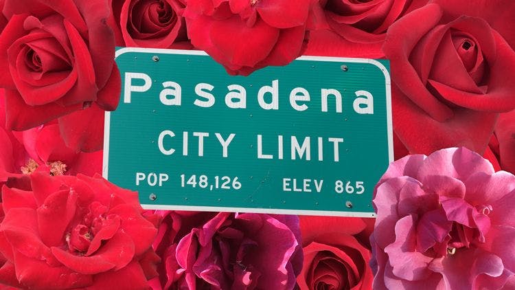 Pasadena city sign surrounded by roses