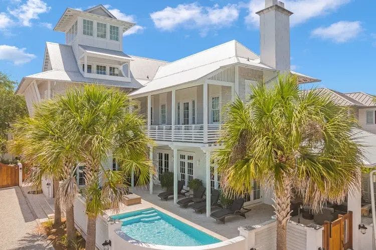 Aerial view of Rosemary Beach 9, a large vacation home with pool