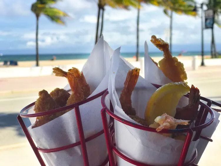 Florida restaurant with fried shrimp and lemon wedges in cones