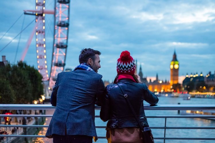 Best time to visit London, winter couple admiring the view by the Eye, Top Villas