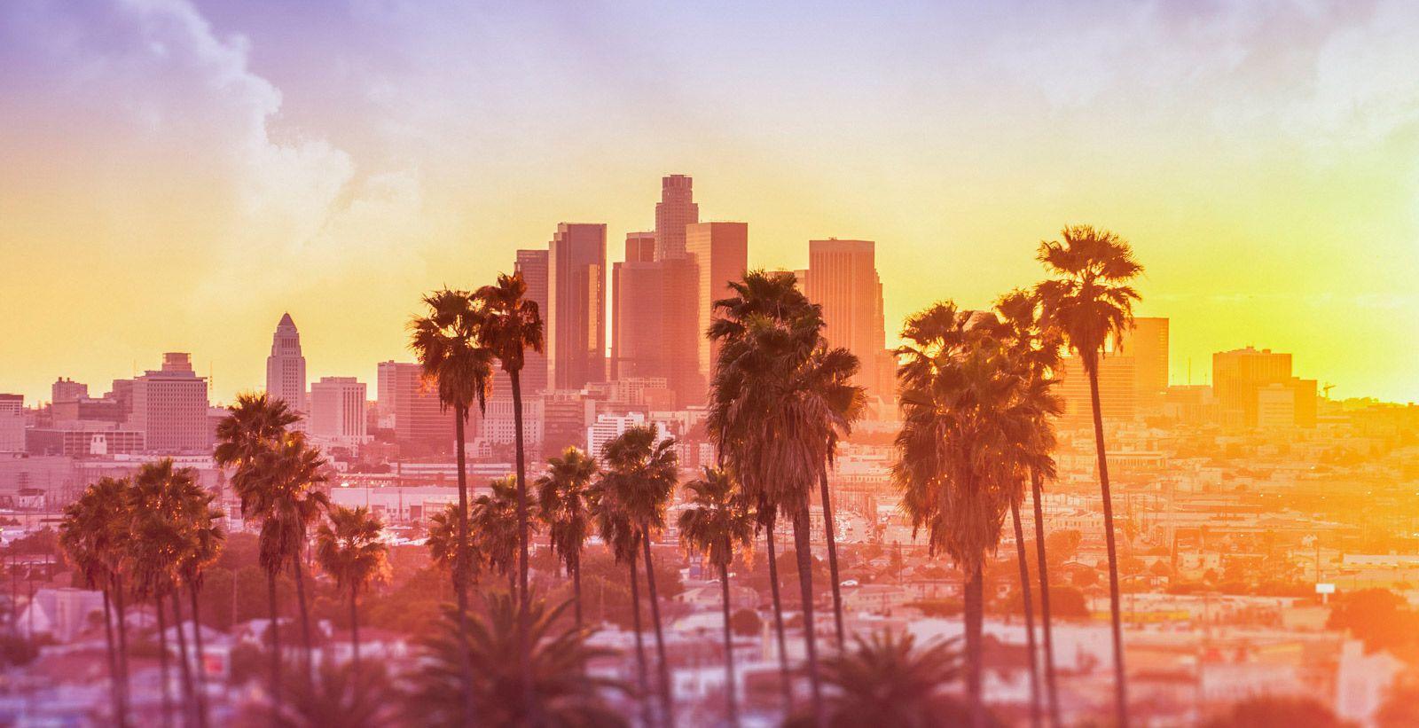 Downtown LA skyline during a summer sunset