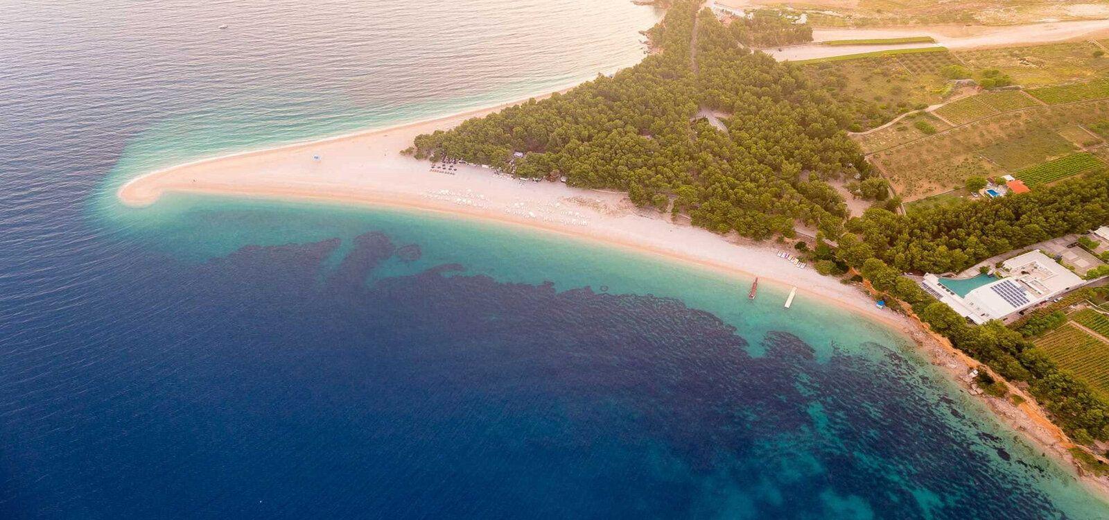 Bol villas, aerial view, nearby Zlatni Rat beach in Brac, Croatia