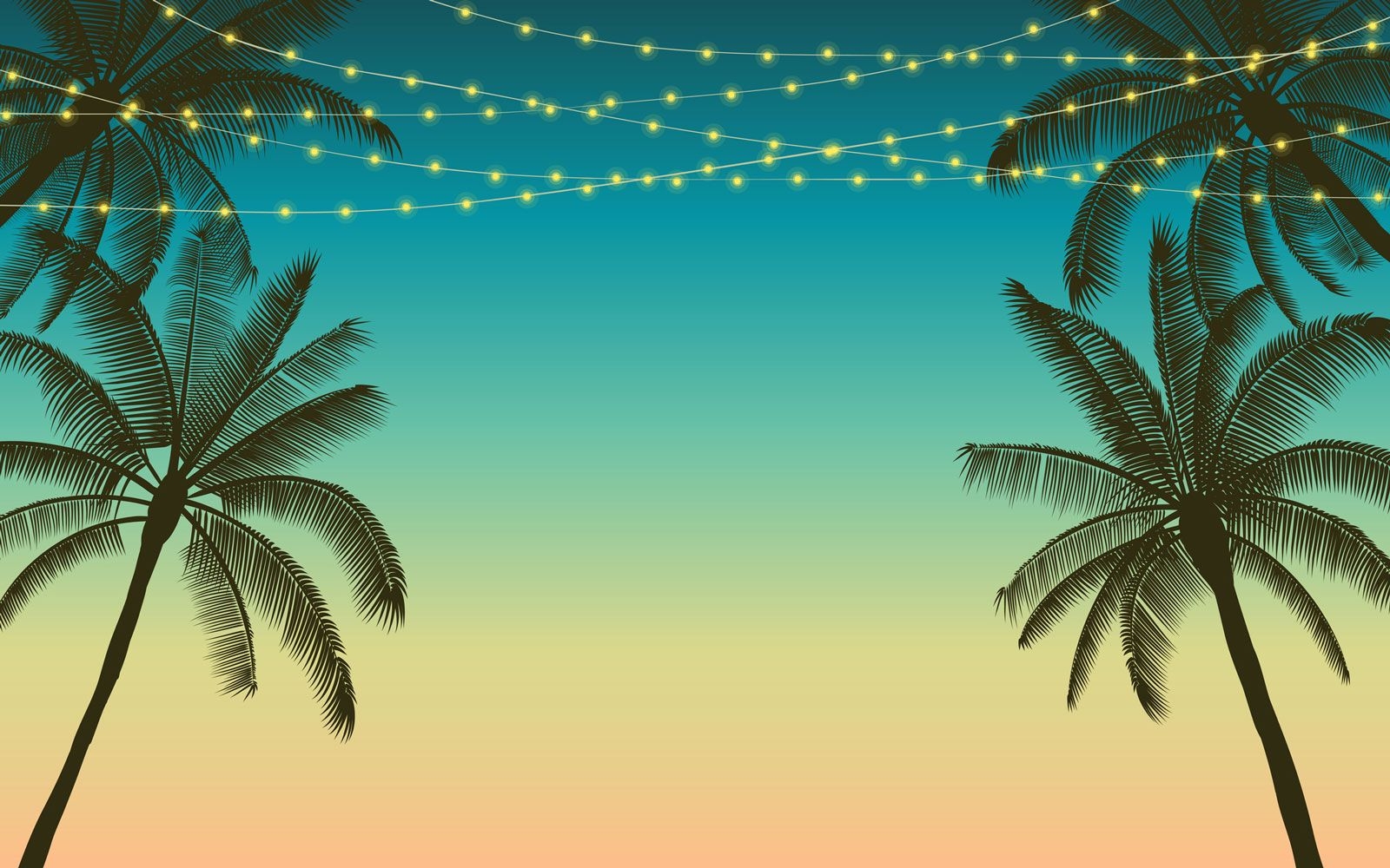 Vector image background of palm trees and string lights against an blue fading to pink background
