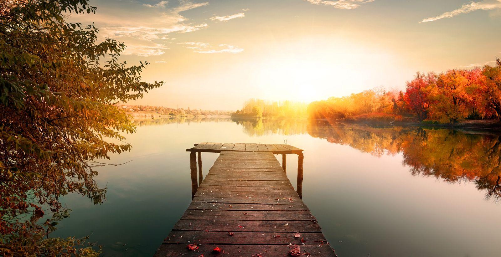 A wooden jetty in a still lake with fall trees