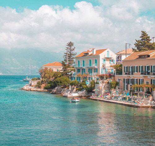 Fiskardo village on the seafront in Kefalonia
