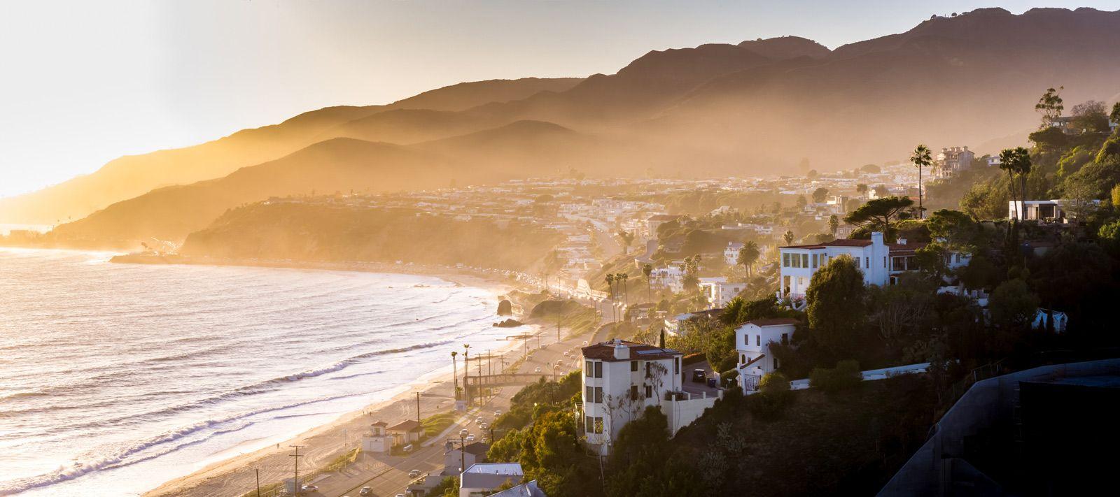 Malibu homes on the beach on a misty morning