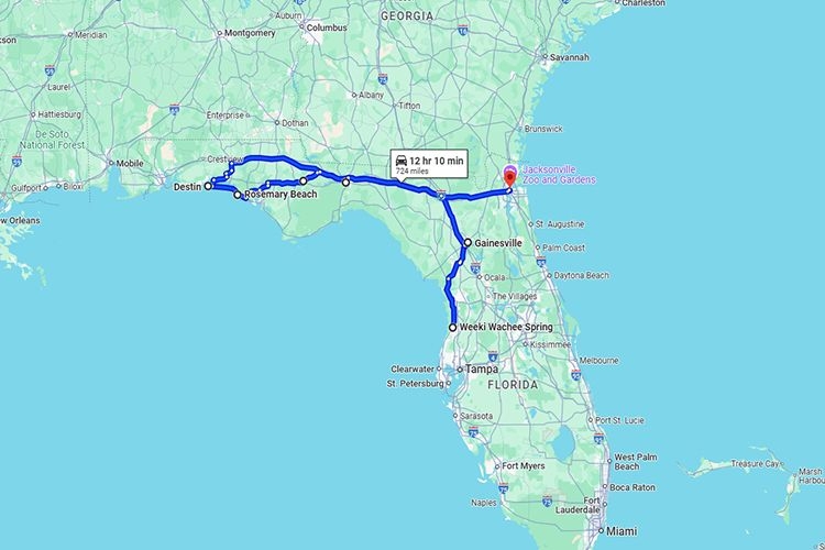 Florida map, road trip north