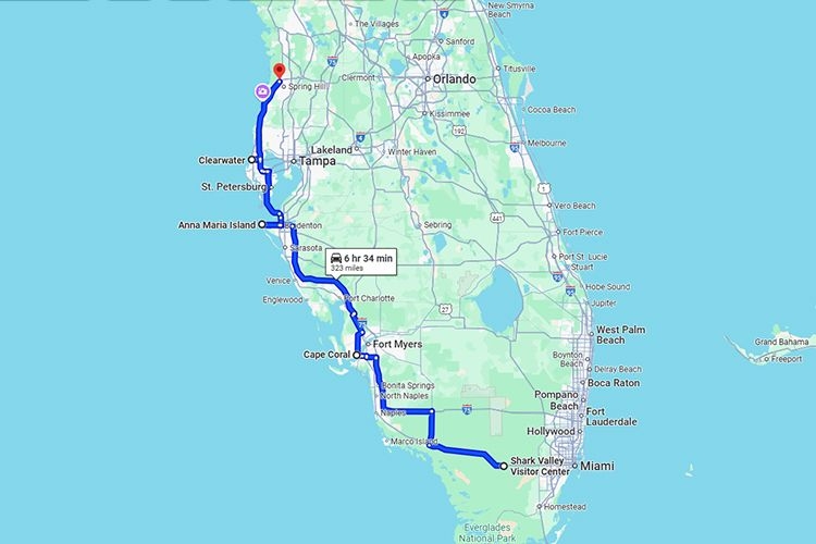 Florida road trip, West Coast, map