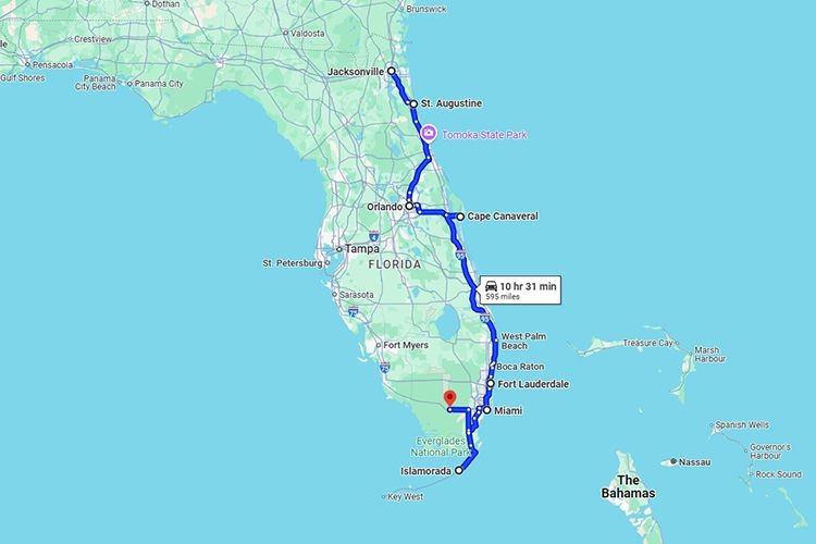 Florida road trip itinerary eastern coast, map