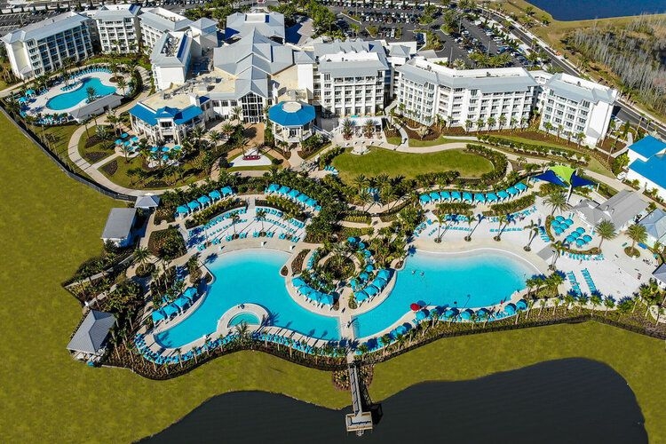 Margaritaville Orlando water park aerial view, resort pools, Top Villas