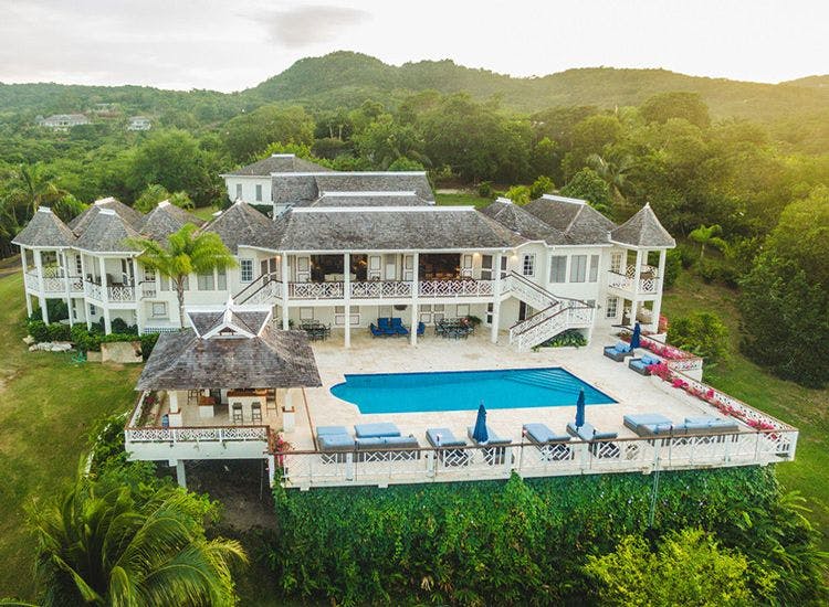 Aerial view of the Haystack at the Tryall Club villa in Montego Bay, Jamaica surrounded by lush manicured grounds