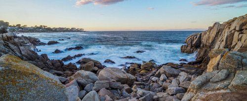 Monterey coast with rocks and waves breaking