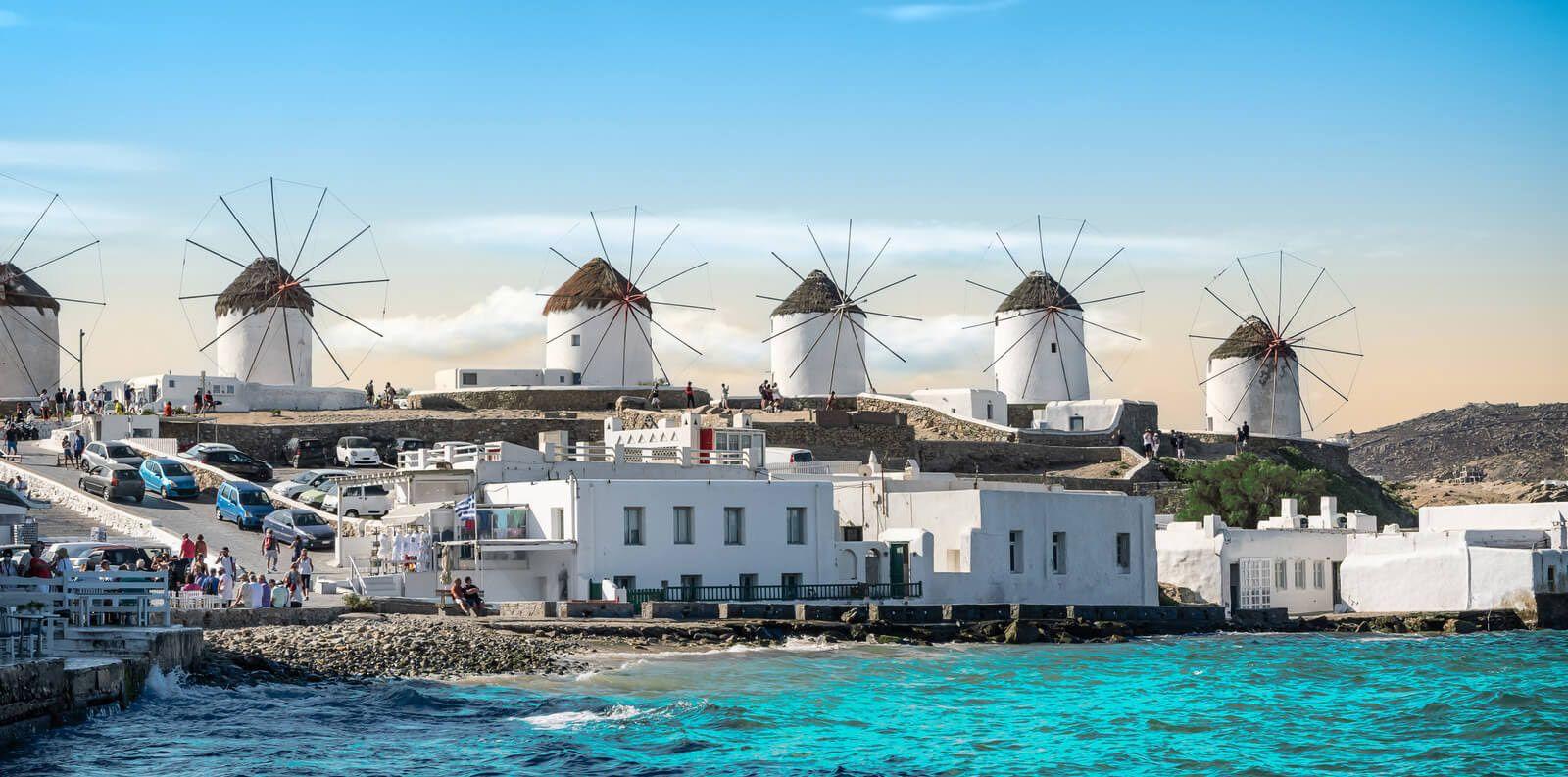 Mykonos windmills along the seafront