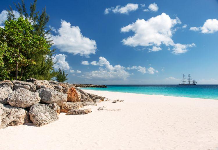 A white sand beach in Barbados with a tall ship in the water