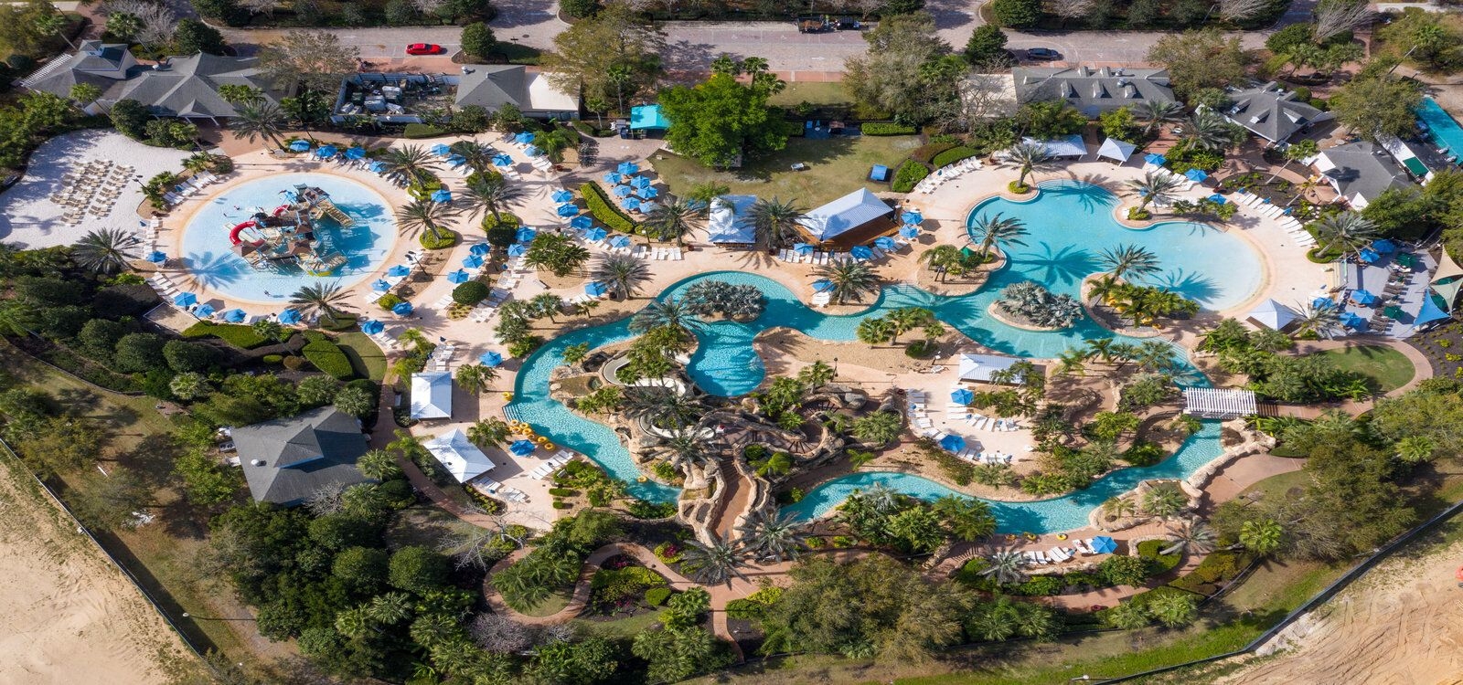 Reunion Resort amenities, aerial view of the lazy river, pools of Reunion water park