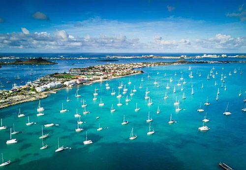 An ariel view of boats on the Saint Martin coastline