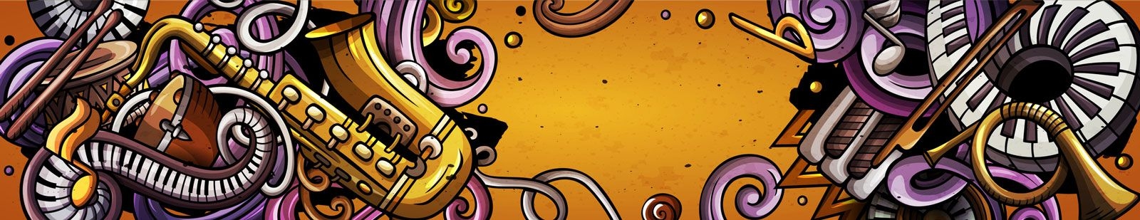 Drawn jazz music image with saxophone, piano, and music notes swirled against a mustard-yellow background