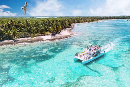 A boat tour sailing past white sand beach and palm forest on Isla Saona