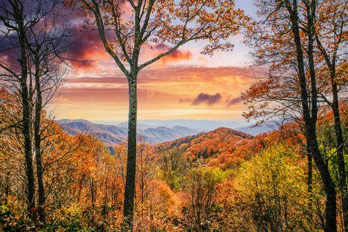 Beautiful sunset view of the Great Smoky Mountains from the scenic overlook between Gatlinurb and Pigeon Forge