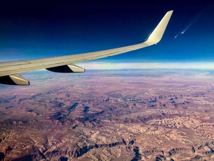View from a plane window of the Rocky Mountains