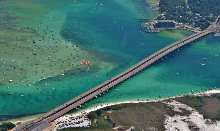 Aerial shot of highway across the sea in Destin