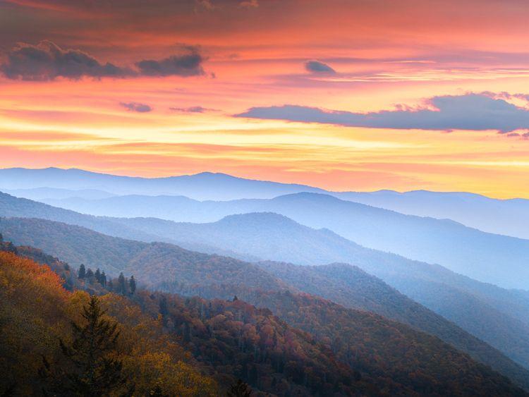 Fall sunset in the Great Smoky Mountains, Gatlinburg cabins at Top Villas