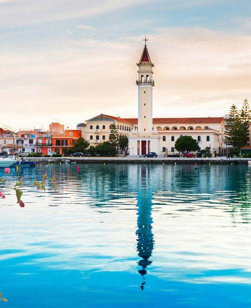 Zante town church reflected in the harbor
