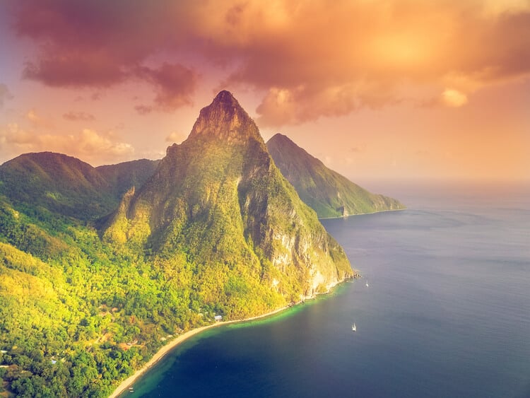 A sunset view of the Pitons, St Lucia
