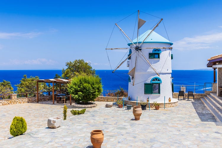 Blue and white windmill in Zante - The best places to visit in June